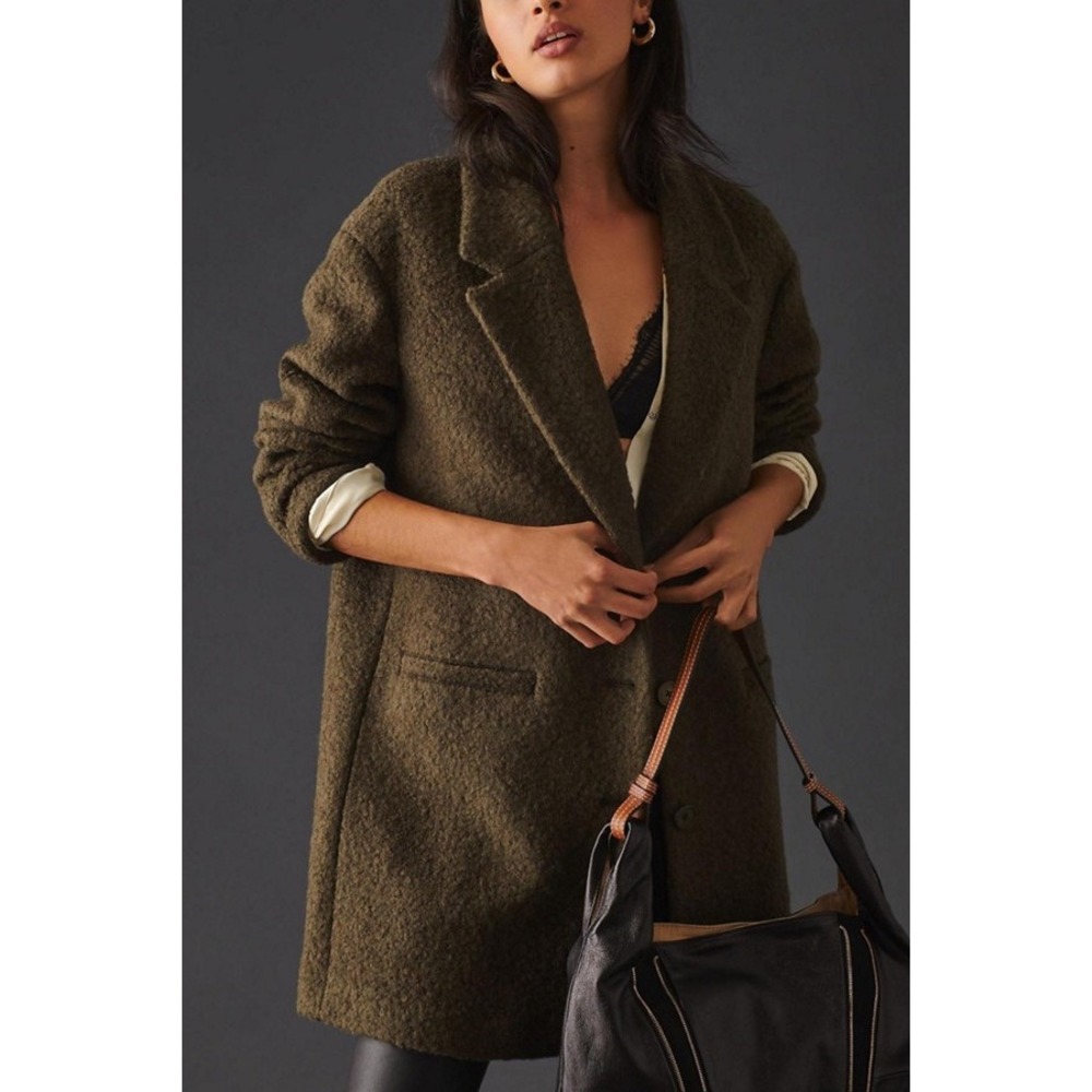 Maeve Anthropologie Boucle Oversized Olive Green Wool Blend Coat Medium - Picture 3 of 9